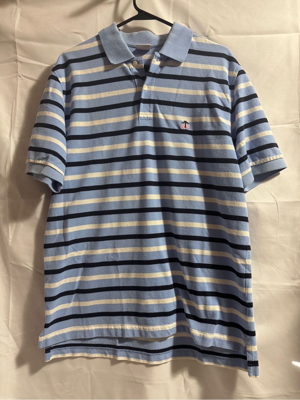 Brooks Brothers blue with Navy and White Stripes Polo with Pink Logo 100% cotton